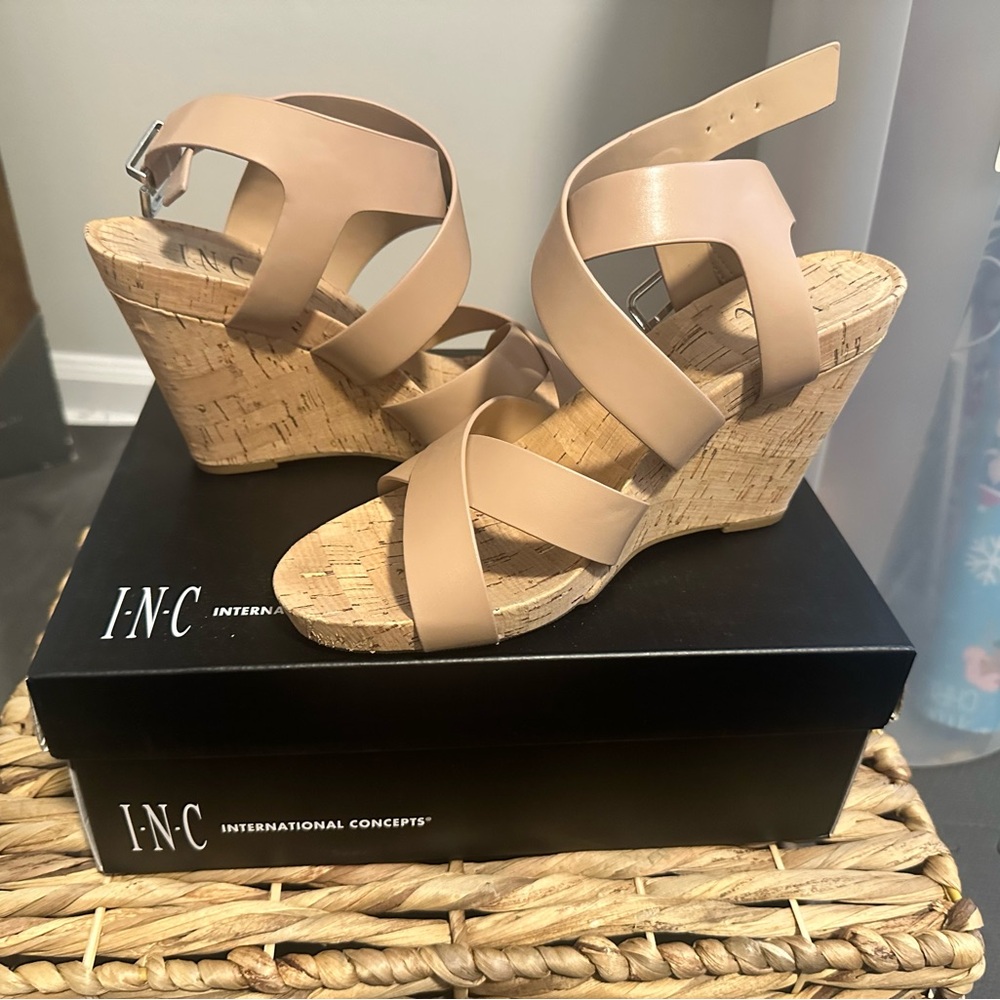 INC International Concepts Beige Wedge Sandals
